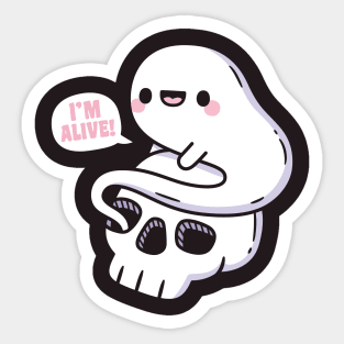 Cute Ghost Coming Out Of Skeleton Skull, Im Alive Funny Sticker